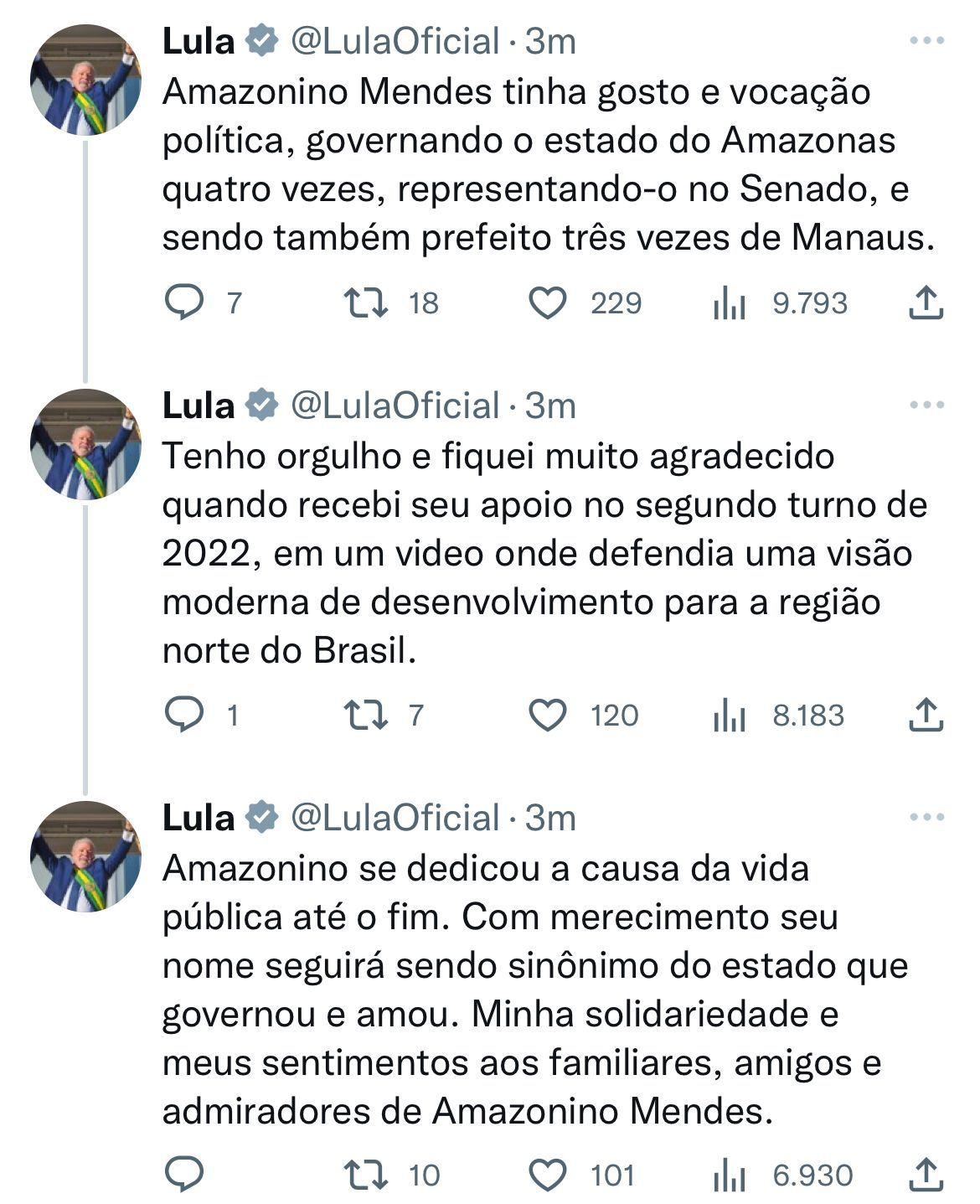 Declarações de Lula sobre Amazonino no Twitter (Reprodução)