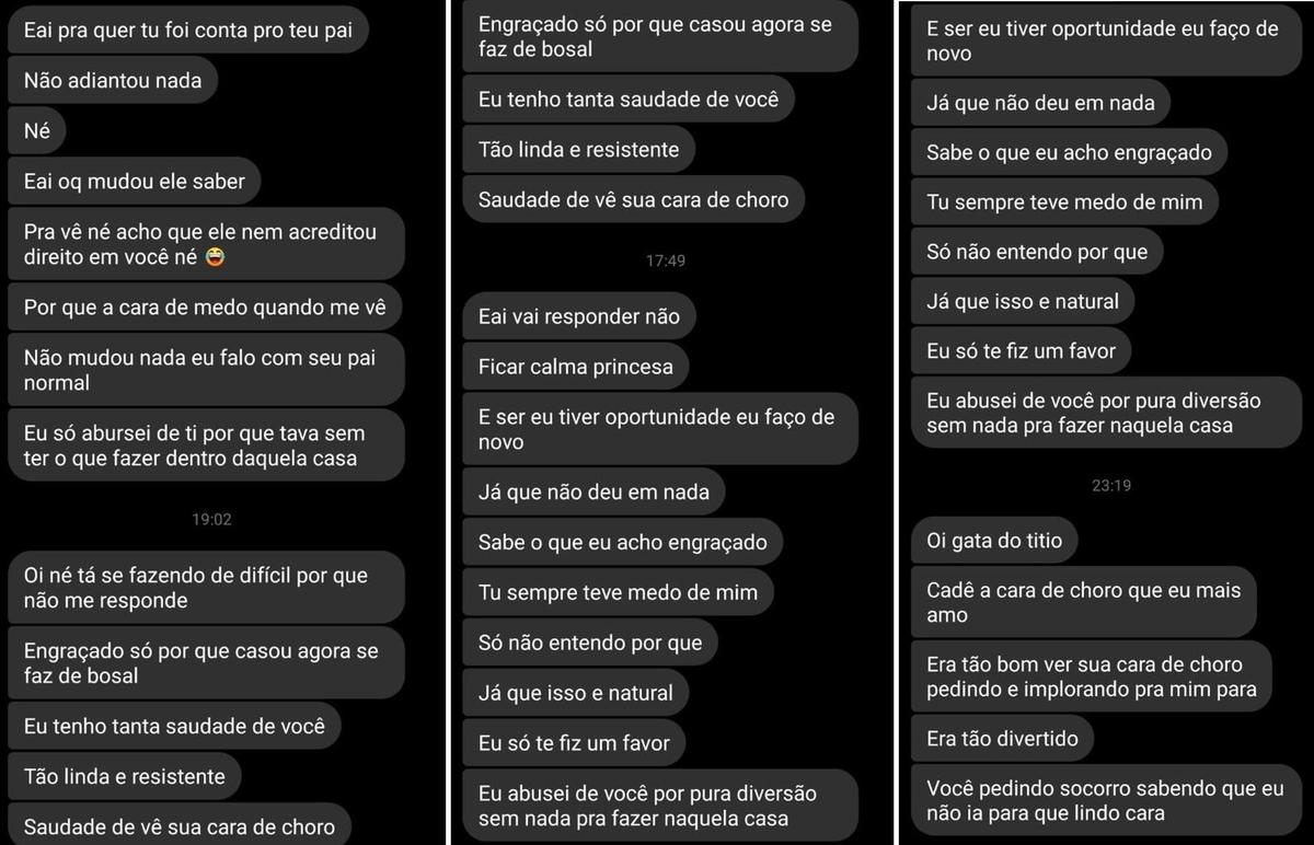 Prints de conversas de celular mostram o assédio direcionado do tio contra a vítima (Imagens: Divulgação)