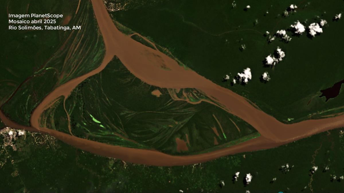 Rio Solimões, em Tabatinga, no mês de abril. Foto: Planet, via Plataforma SCCON, do Programa M.A.I.S