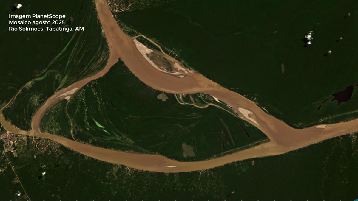 Rio Solimões, em Tabatinga, no mês de agosto. Foto: Planet, via Plataforma SCCON, do Programa M.A.I.S