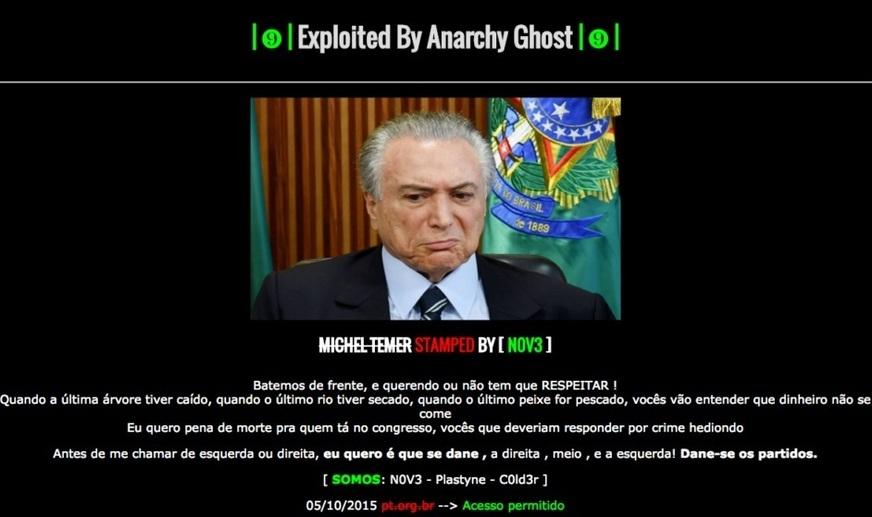 Site pessoal do presidente Michel Temer é hackeado por grupo não identificado