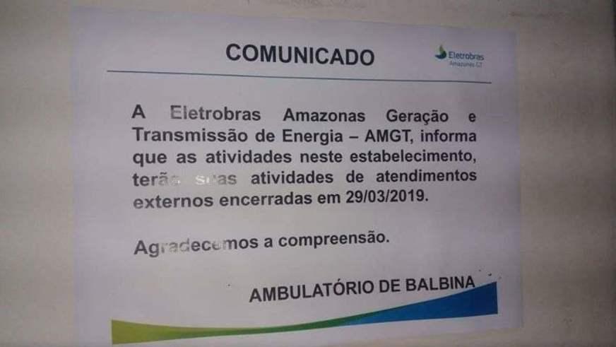 Ambulatório em Balbina corre risco de ser fechado após Eletrobras encerrar gestão