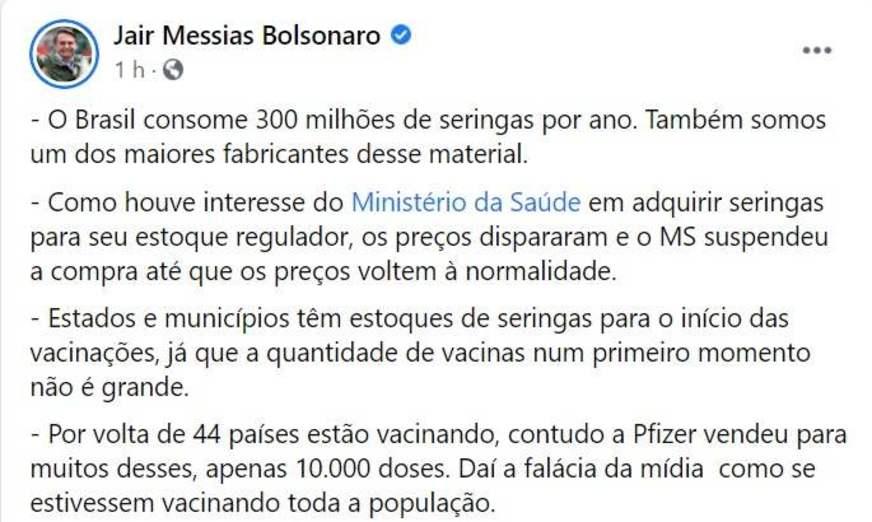 Bolsonaro suspende compra de seringas até normalização de preço