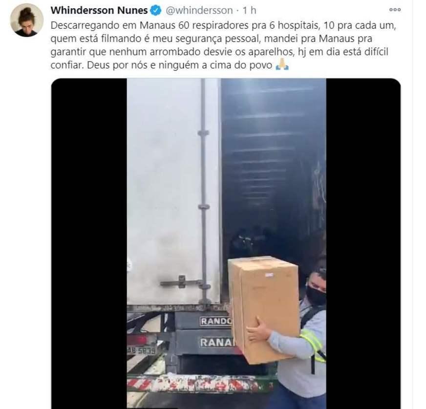 Whindersson Nunes envia respiradores para Manaus