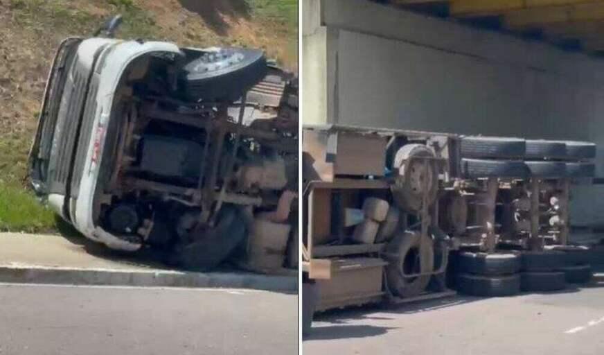 Carreta de açúcar acaba tombando em viaduto da Avenida Max Teixeira