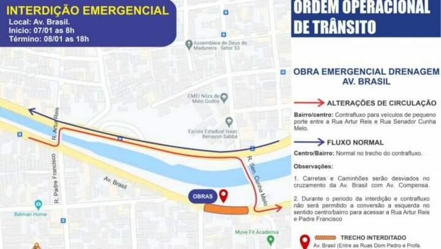 Trecho da avenida Brasil será interditado nesta sexta-feira (7)