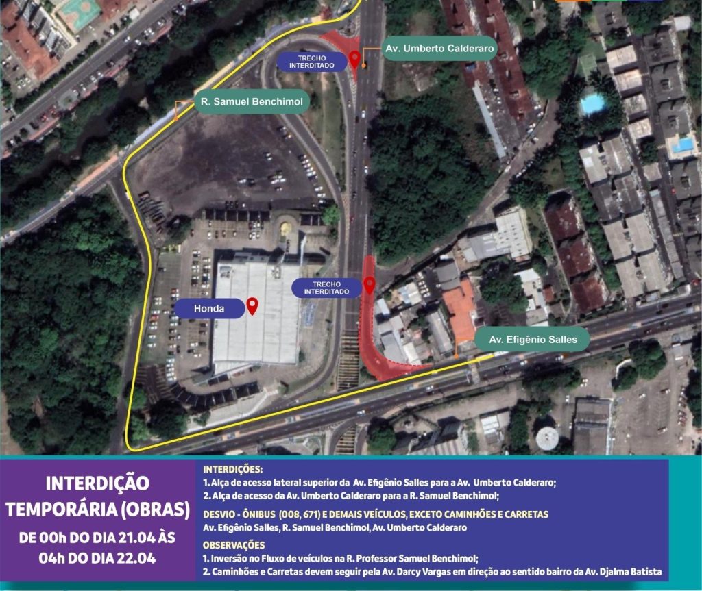 Alça de passagem subterrânea será interditada na madrugada de segunda, em Manaus