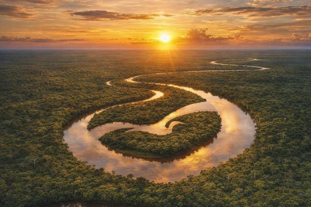 imagem de um pôr do sol com imagem da floresta e de um rio
