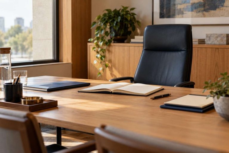 Escritório decorado com plantas com mesa de trabalho e cadeira executiva vazia. Um bloco e canetas compõe o cenário.